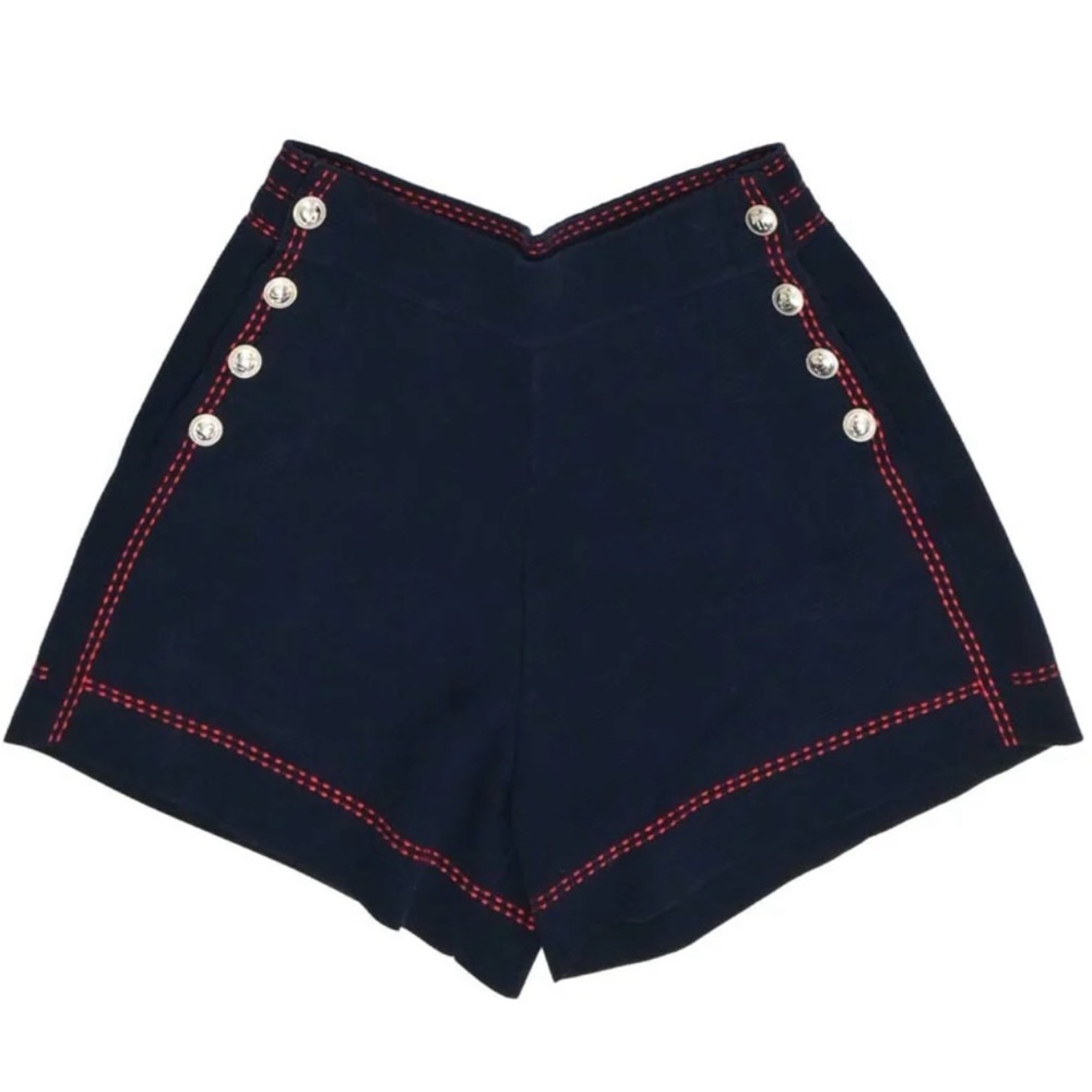 Maje High Waist Navy Shorts with Red Accents